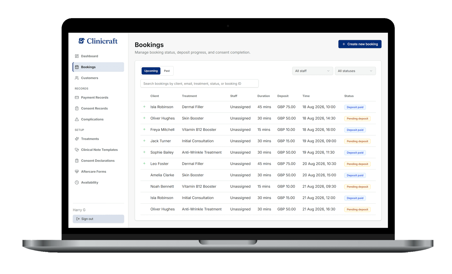 Every booking, deposit, and consent status in one place