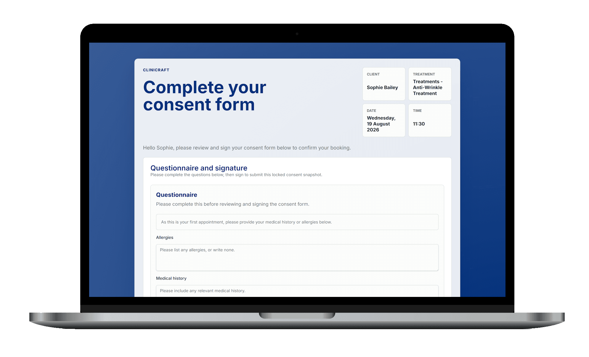 A patient's branded consent form, ready to complete and sign online