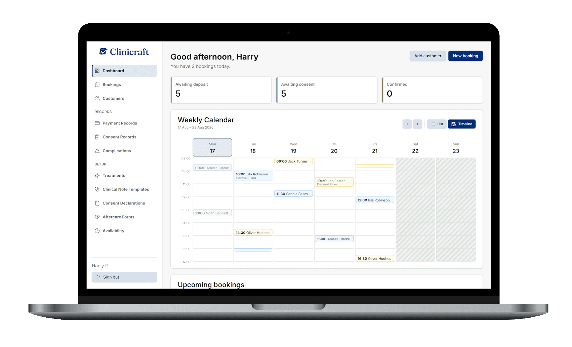Clinicraft dashboard showing today's bookings, deposit and consent status, and the weekly calendar