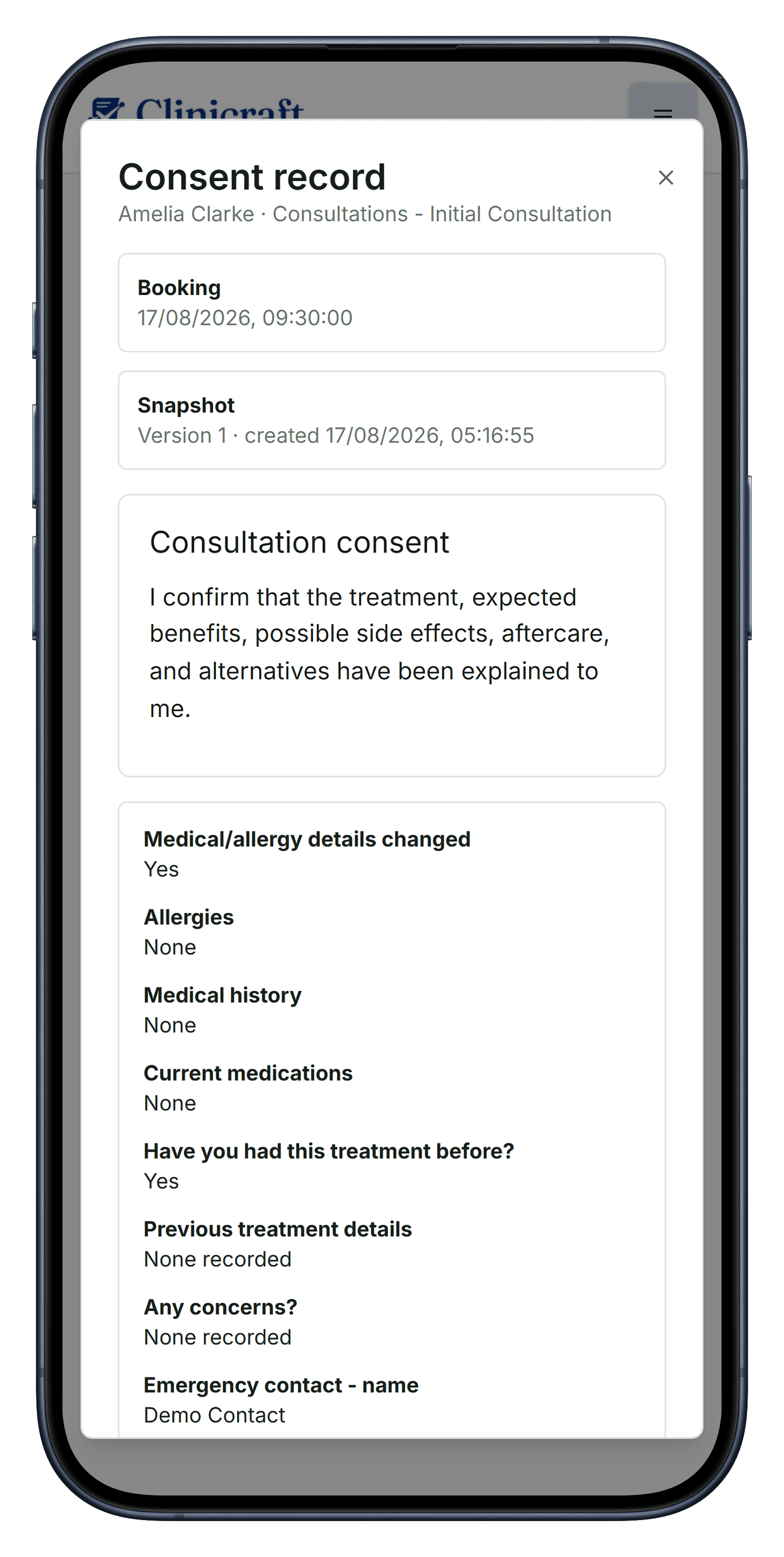 A locked, signed consent record with full questionnaire answers and audit details