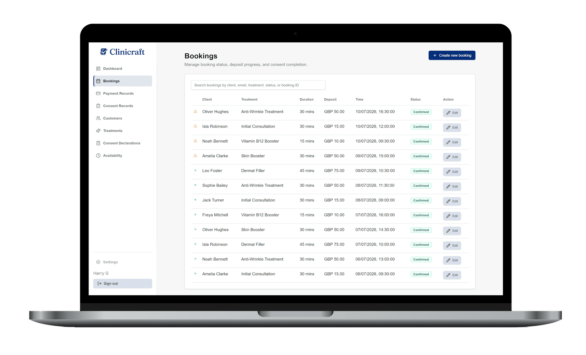 Every booking, deposit, and consent status in one place